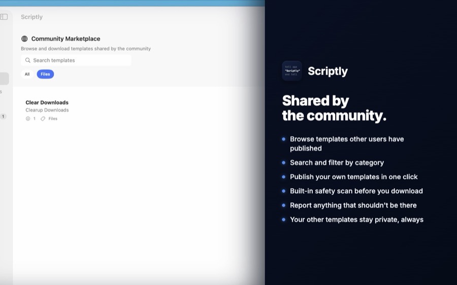Scriptly Community Marketplace: browse and publish templates shared by the community, with report and block-author options