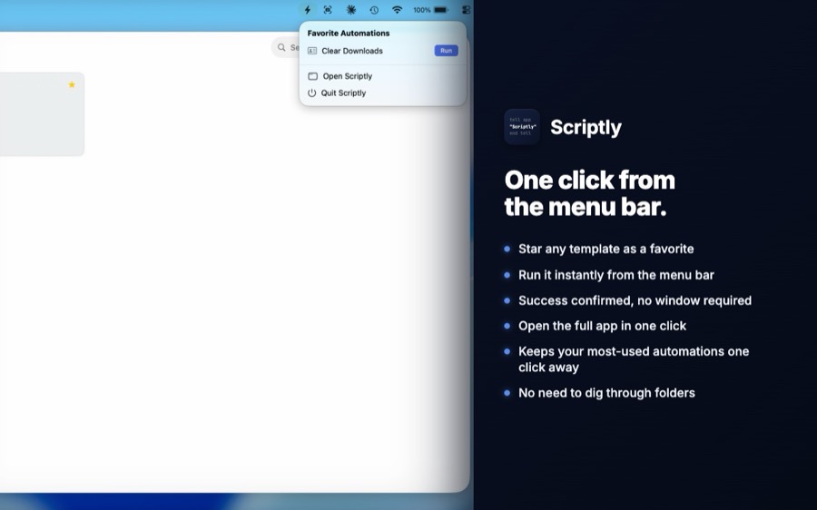 Scriptly menu bar: one-click run for your favourite automations, no window required